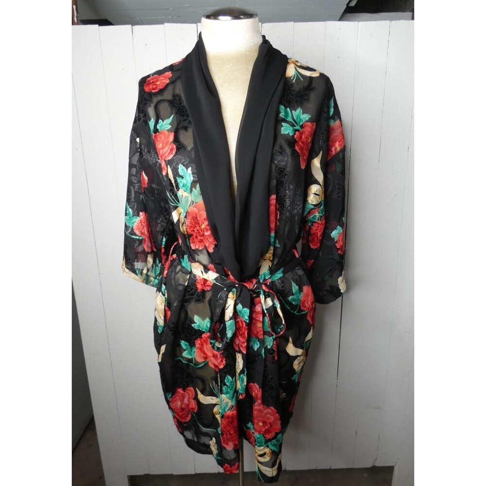 VTG LA Intimates Women's L Floral Robe Metallic Black Gold Red Semi Sheer Short